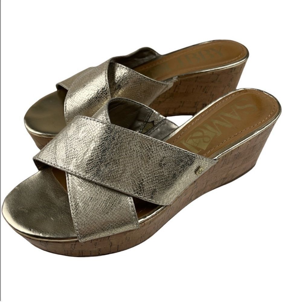 Sam & Libby Metallic Gold Cork Platform
Wedge Heels Open Toe Sandals size 8